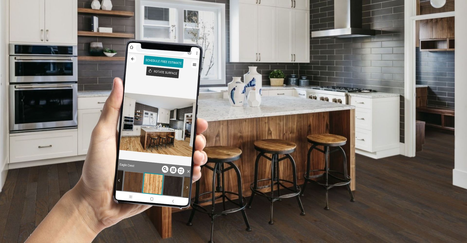 Room scene with mobile phone to show how our room visualizer tool works. 